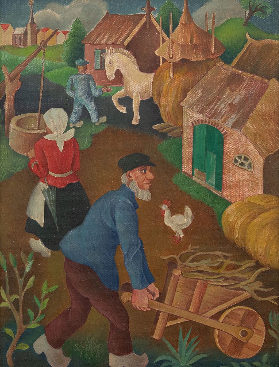 Schrikkel J.L. | Johannes Lodewijk 'Louis' Schrikkel, Bedrijvigheid op de boerderij, olieverf op doek op paneel 35,5 x 27,1 cm, gesigneerd linksonder en gedateerd 1936 Schrikkel J.L. | Johannes Lodewijk 'Louis' Schrikkel, Bedrijvigheid op de boerderij, olieverf op doek op paneel 35,5 x 27,1 cm, gesigneerd linksonder en gedateerd 1936