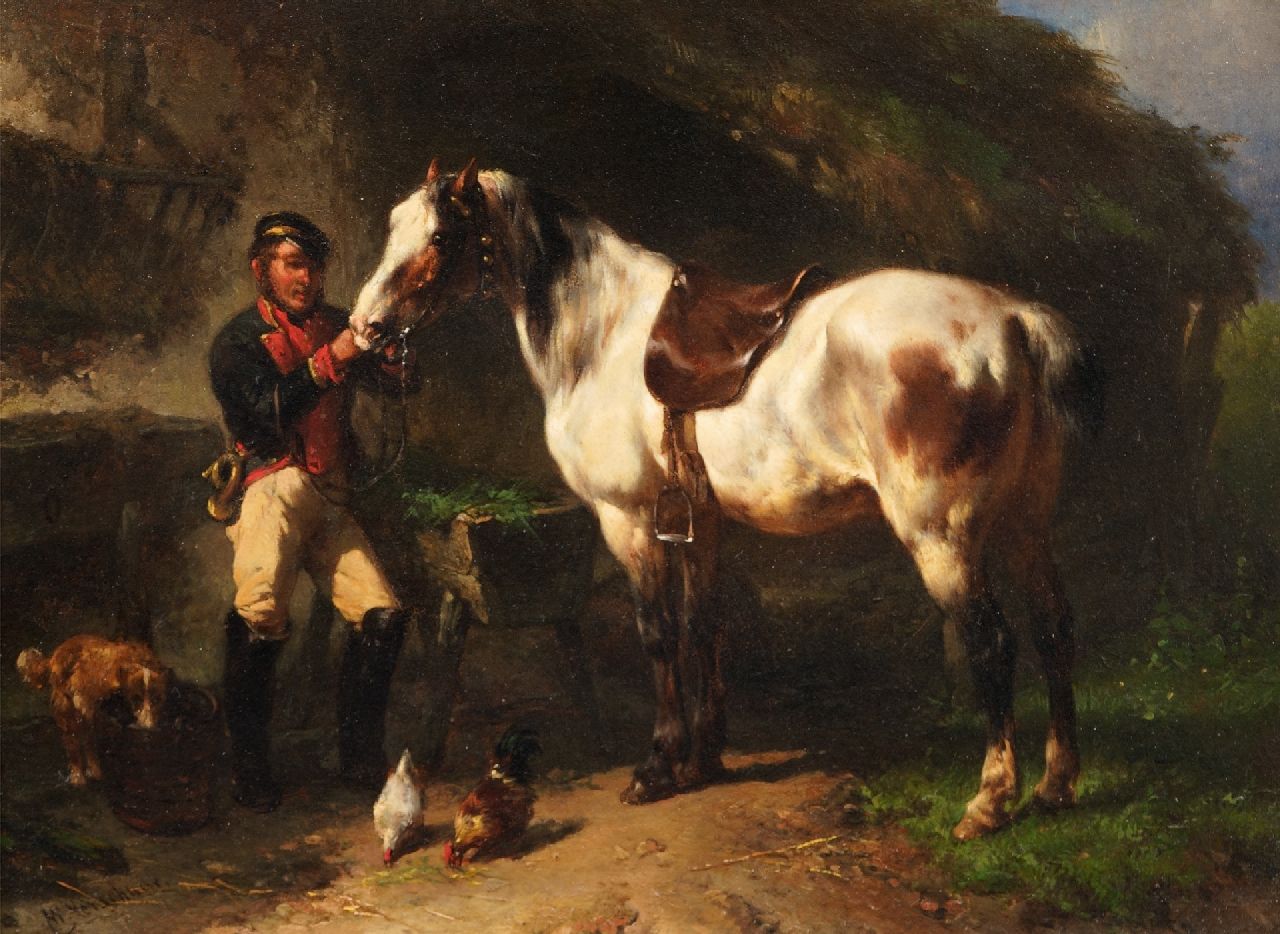 Verschuur W.  | Wouterus Verschuur | Schilderijen te koop aangeboden | Postiljon met zijn paard, olieverf op paneel 19,5 x 26,1 cm, gesigneerd linksonder