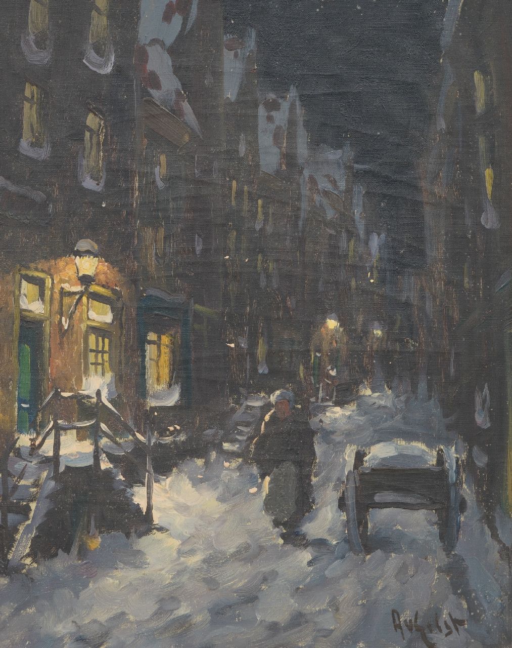 Gilst A. van | Aernout 'Arnout' van Gilst | Schilderijen te koop aangeboden | Besneeuwde straat bij nacht, olieverf op doek 50,1 x 39,9 cm, gesigneerd rechtsonder Gilst A. van | Aernout 'Arnout' van Gilst | Schilderijen te koop aangeboden | Besneeuwde straat bij nacht, olieverf op doek 50,1 x 39,9 cm, gesigneerd rechtsonder