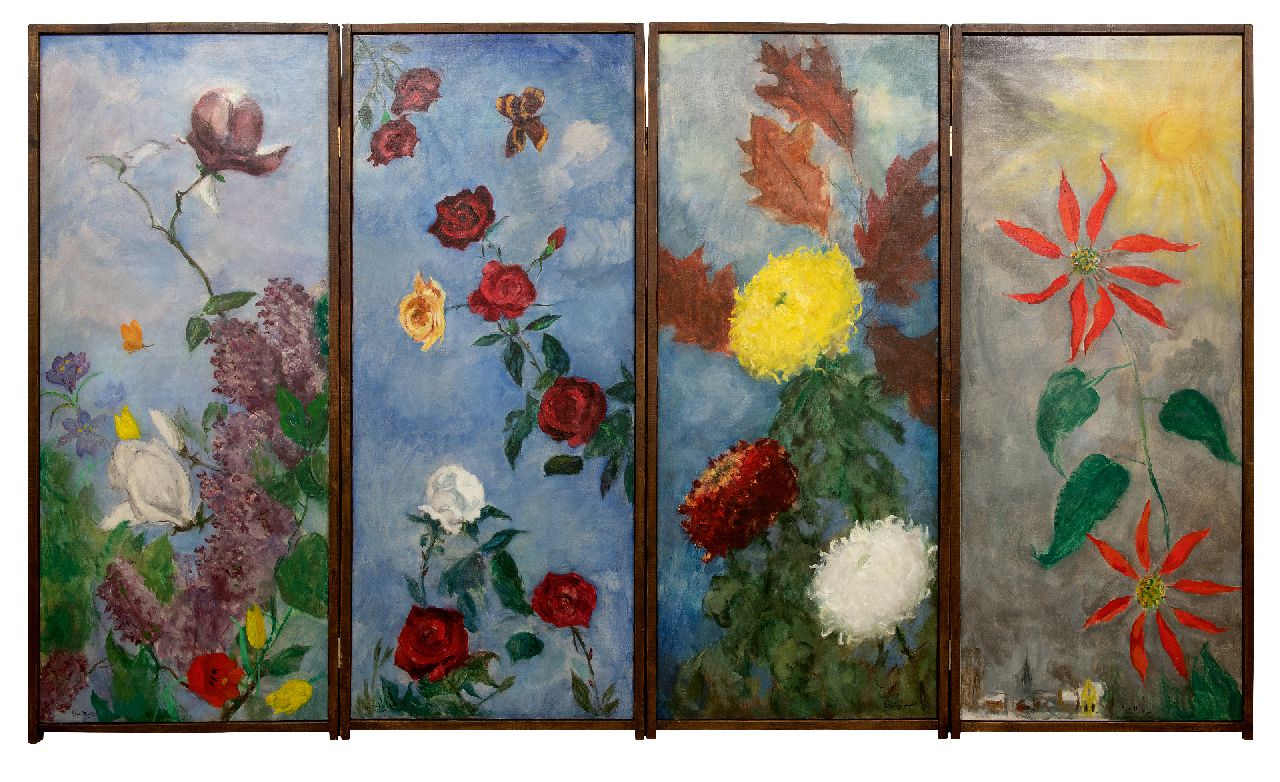 Wijngaerdt P.T. van | Petrus Theodorus 'Piet' van Wijngaerdt | Schilderijen te koop aangeboden | 4-delig kamerscherm: de vier seizoenen, olieverf op doek 145,0 x 61,2 cm, gesigneerd linksonder, rechtsonder en middenonder en totale afmeting: 145 x 245 cm Wijngaerdt P.T. van | Petrus Theodorus 'Piet' van Wijngaerdt | Schilderijen te koop aangeboden | 4-delig kamerscherm: de vier seizoenen, olieverf op doek 145,0 x 61,2 cm, gesigneerd linksonder, rechtsonder en middenonder en totale afmeting: 145 x 245 cm