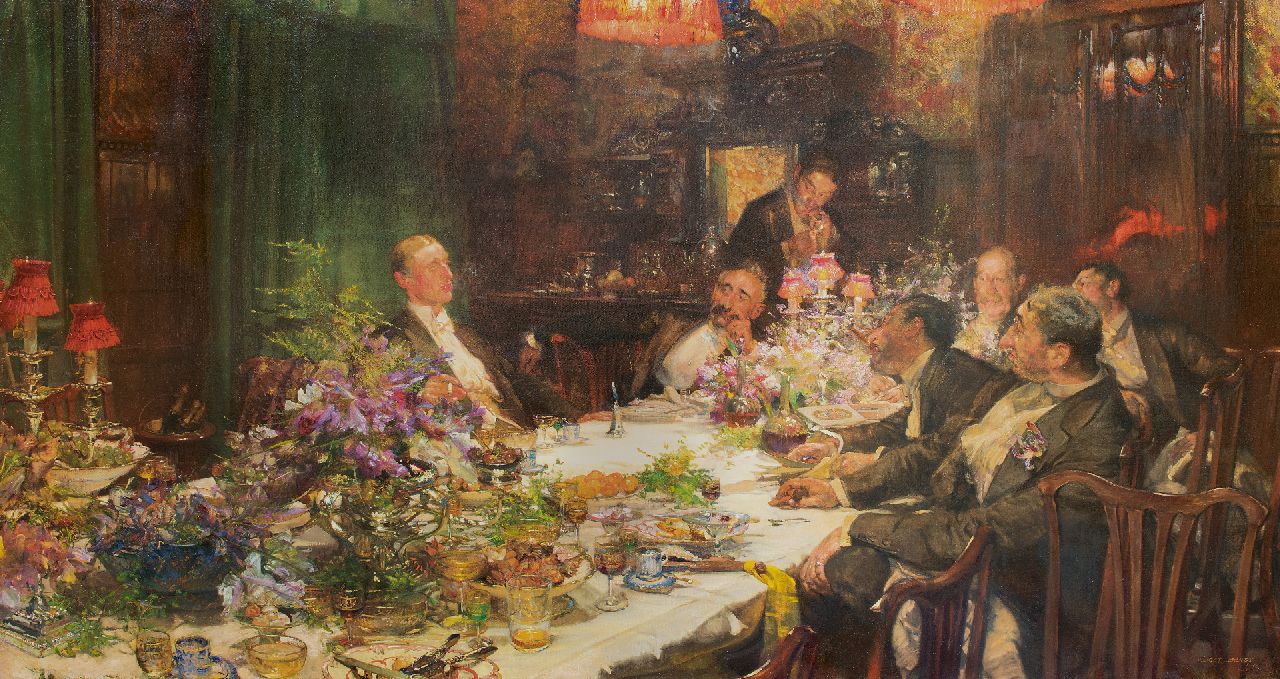 Bundy E.  | Edgar Bundy | Schilderijen te koop aangeboden | Tijd voor geldzaken, olieverf op doek 135,0 x 256,0 cm, gesigneerd rechtsonder en gedateerd 1913