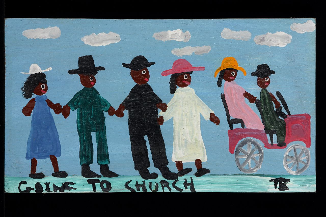 Brown T. | Timothy 'Tim' Brown, Going to church, acryl op paneel 23,0 x 41,0 cm, gesigneerd rechtsonder met initialen Brown T. | Timothy 'Tim' Brown, Going to church, acryl op paneel 23,0 x 41,0 cm, gesigneerd rechtsonder met initialen