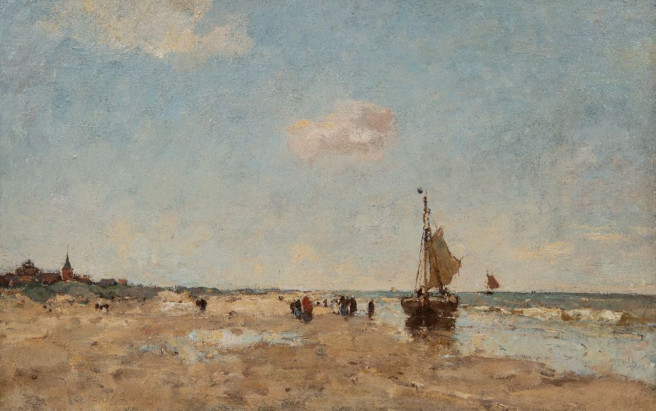 Stutterheim L.P. | Lodewijk Philippus 'Louis' Stutterheim | Schilderijen te koop aangeboden | Een bom en vissersvrouwen op het strand van Scheveningen, olieverf op doek 35,3 x 55,1 cm Stutterheim L.P. | Lodewijk Philippus 'Louis' Stutterheim | Schilderijen te koop aangeboden | Een bom en vissersvrouwen op het strand van Scheveningen, olieverf op doek 35,3 x 55,1 cm