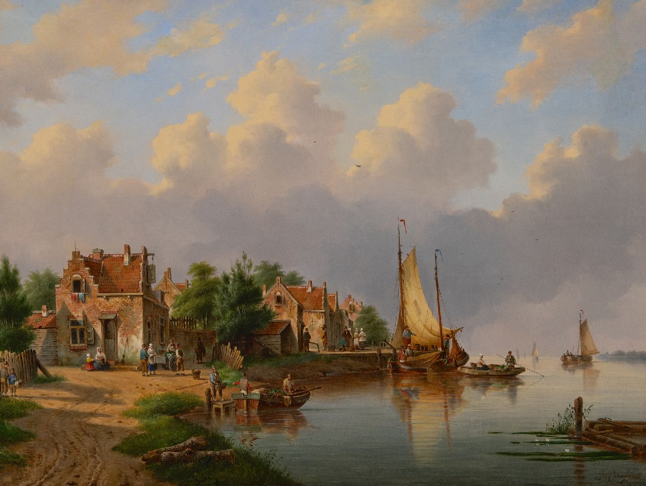 Hendriks G.  | Gerardus 'George Henry' Hendriks | Schilderijen te koop aangeboden | Dorp aan de rivier met voetveer en zeilschepen, olieverf op doek 83,0 x 98,4 cm, zonder lijst