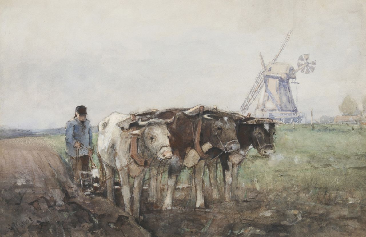 Mauve A. | Anthonij 'Anton' Mauve | Aquarellen en tekeningen te koop aangeboden | Ploegende boer met zijn ossen, aquarel en gouache op papier 26,0 x 40,0 cm, gesigneerd linksonder Mauve A. | Anthonij 'Anton' Mauve | Aquarellen en tekeningen te koop aangeboden | Ploegende boer met zijn ossen, aquarel en gouache op papier 26,0 x 40,0 cm, gesigneerd linksonder
