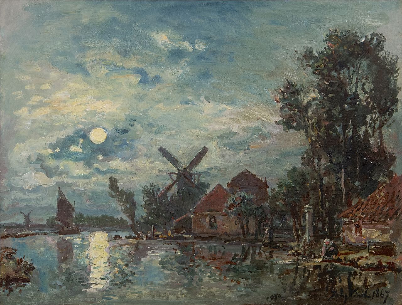 Jongkind J.B. | Johan Barthold Jongkind | Schilderijen te koop aangeboden | Maanverlicht rivierlandschap, Holland, olieverf op doek 33,6 x 43,3 cm, gesigneerd rechtsonder en gedateerd 1867 Jongkind J.B. | Johan Barthold Jongkind | Schilderijen te koop aangeboden | Maanverlicht rivierlandschap, Holland, olieverf op doek 33,6 x 43,3 cm, gesigneerd rechtsonder en gedateerd 1867