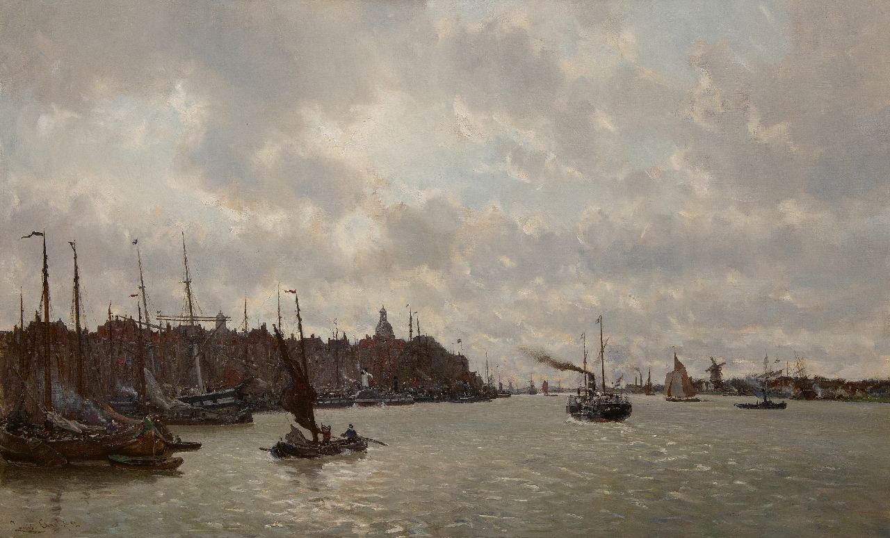 Apol L.F.H. | Lodewijk Franciscus Hendrik 'Louis' Apol, Gezicht op Dordrecht over de rivier de Merwede, olieverf op doek 91,3 x 147,0 cm, gesigneerd linksonder en gedateerd '82 Apol L.F.H. | Lodewijk Franciscus Hendrik 'Louis' Apol, Gezicht op Dordrecht over de rivier de Merwede, olieverf op doek 91,3 x 147,0 cm, gesigneerd linksonder en gedateerd '82