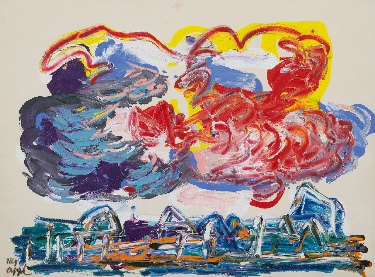 Appel C.K. | Christiaan 'Karel' Appel | Schilderijen te koop aangeboden | Wolken boven huizen, acryl op papier 56,5 x 76,0 cm, gesigneerd linksonder en gedateerd '84 VERKOCHT Appel C.K. | Christiaan 'Karel' Appel | Schilderijen te koop aangeboden | Wolken boven huizen, acryl op papier 56,5 x 76,0 cm, gesigneerd linksonder en gedateerd '84 VERKOCHT