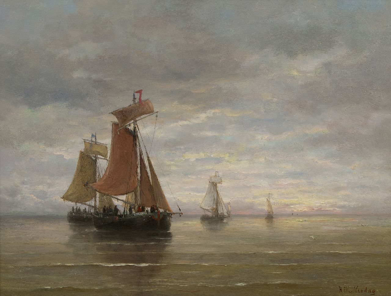 Mesdag H.W. | Hendrik Willem Mesdag, Bomschuiten op kalme zee, olieverf op paneel 39,5 x 51,0 cm, gesigneerd rechtsonder Mesdag H.W. | Hendrik Willem Mesdag, Bomschuiten op kalme zee, olieverf op paneel 39,5 x 51,0 cm, gesigneerd rechtsonder