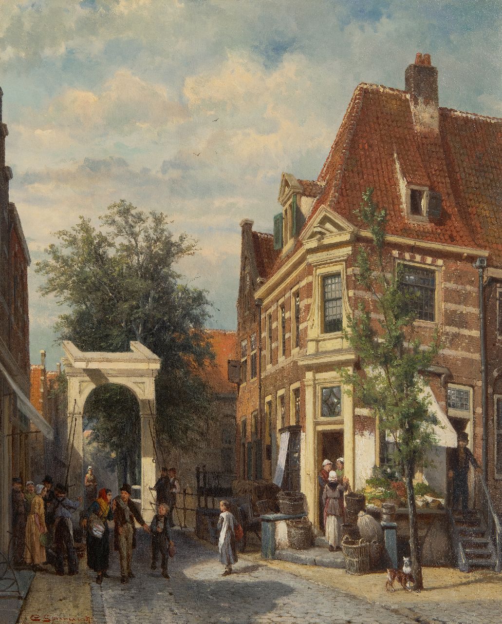 Springer C. | Cornelis Springer, Drukbevolkt straatje 'Binnenveer' in Weesp, olieverf op paneel 49,9 x 40,5 cm, gesigneerd l.o en gedateerd 1877 Springer C. | Cornelis Springer, Drukbevolkt straatje 'Binnenveer' in Weesp, olieverf op paneel 49,9 x 40,5 cm, gesigneerd l.o en gedateerd 1877
