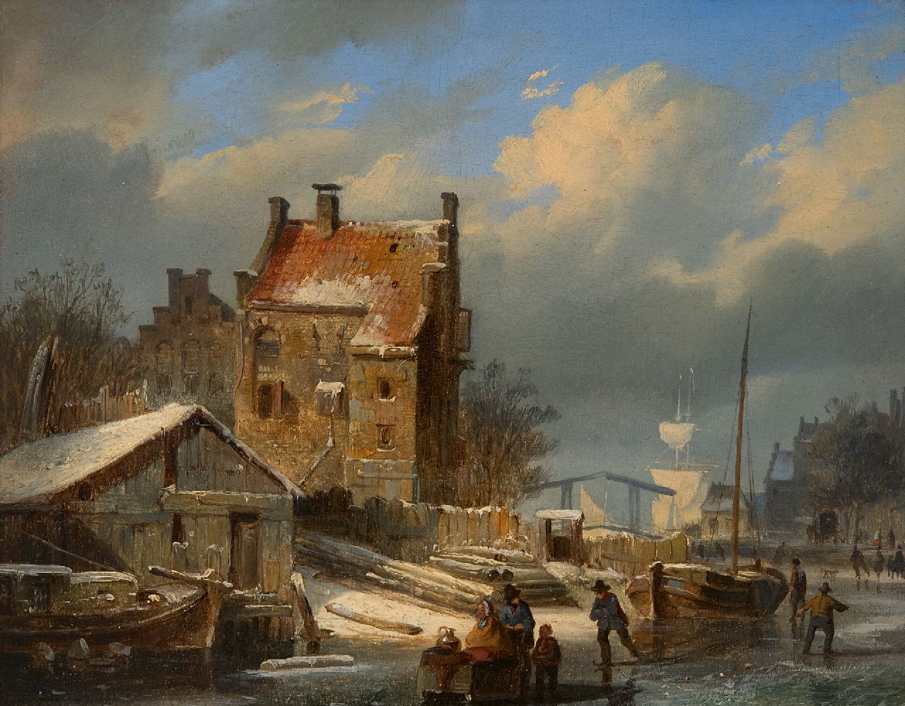 Springer C. | Cornelis Springer, Dorp in de winter met schaatsers en een ophaalbrug in de verte, olieverf op paneel 19,0 x 24,0 cm, gesigneerd middenonder met monogram (op de slee) en gedateerd '44 Springer C. | Cornelis Springer, Dorp in de winter met schaatsers en een ophaalbrug in de verte, olieverf op paneel 19,0 x 24,0 cm, gesigneerd middenonder met monogram (op de slee) en gedateerd '44