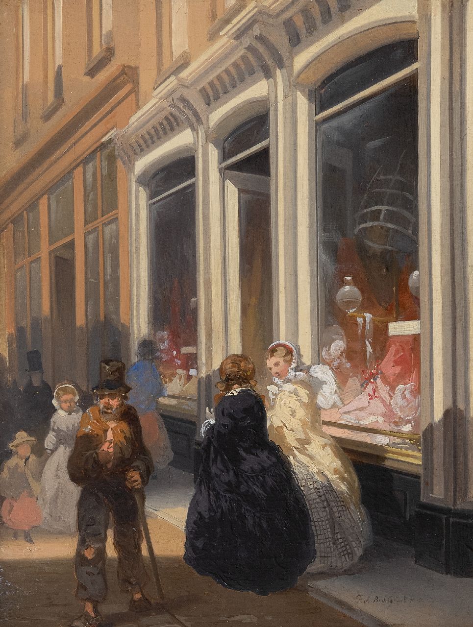 Breuhaus de Groot F.A. | Frans Arnold Breuhaus de Groot | Schilderijen te koop aangeboden | Elegante vrouwen voor een korsetterie winkel, olieverf op paneel 33,0 x 25,0 cm, gesigneerd rechtsonder Breuhaus de Groot F.A. | Frans Arnold Breuhaus de Groot | Schilderijen te koop aangeboden | Elegante vrouwen voor een korsetterie winkel, olieverf op paneel 33,0 x 25,0 cm, gesigneerd rechtsonder