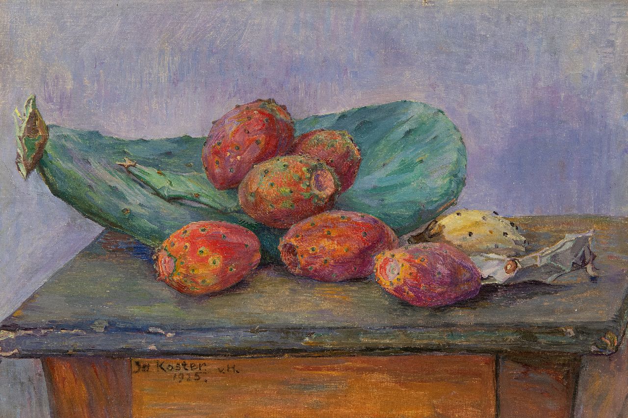 Koster J.P.C.A. | Johanna Petronella Catharina Antoinetta 'Jo' Koster, Italiaanse cactusvijgen op een tafel, olieverf op doek 28,4 x 42,3 cm, gesigneerd linksonder en gedateerd 1925 Koster J.P.C.A. | Johanna Petronella Catharina Antoinetta 'Jo' Koster, Italiaanse cactusvijgen op een tafel, olieverf op doek 28,4 x 42,3 cm, gesigneerd linksonder en gedateerd 1925