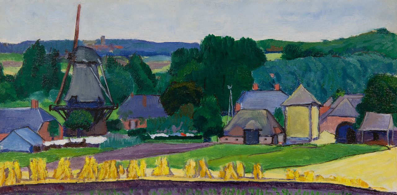 Huszár V. | Vilmos Huszár | Schilderijen te koop aangeboden | Boerderijen in een glooiend landschap, olieverf op paneel 18,0 x 36,5 cm, te dateren ca. 1910-1912 Huszár V. | Vilmos Huszár | Schilderijen te koop aangeboden | Boerderijen in een glooiend landschap, olieverf op paneel 18,0 x 36,5 cm, te dateren ca. 1910-1912