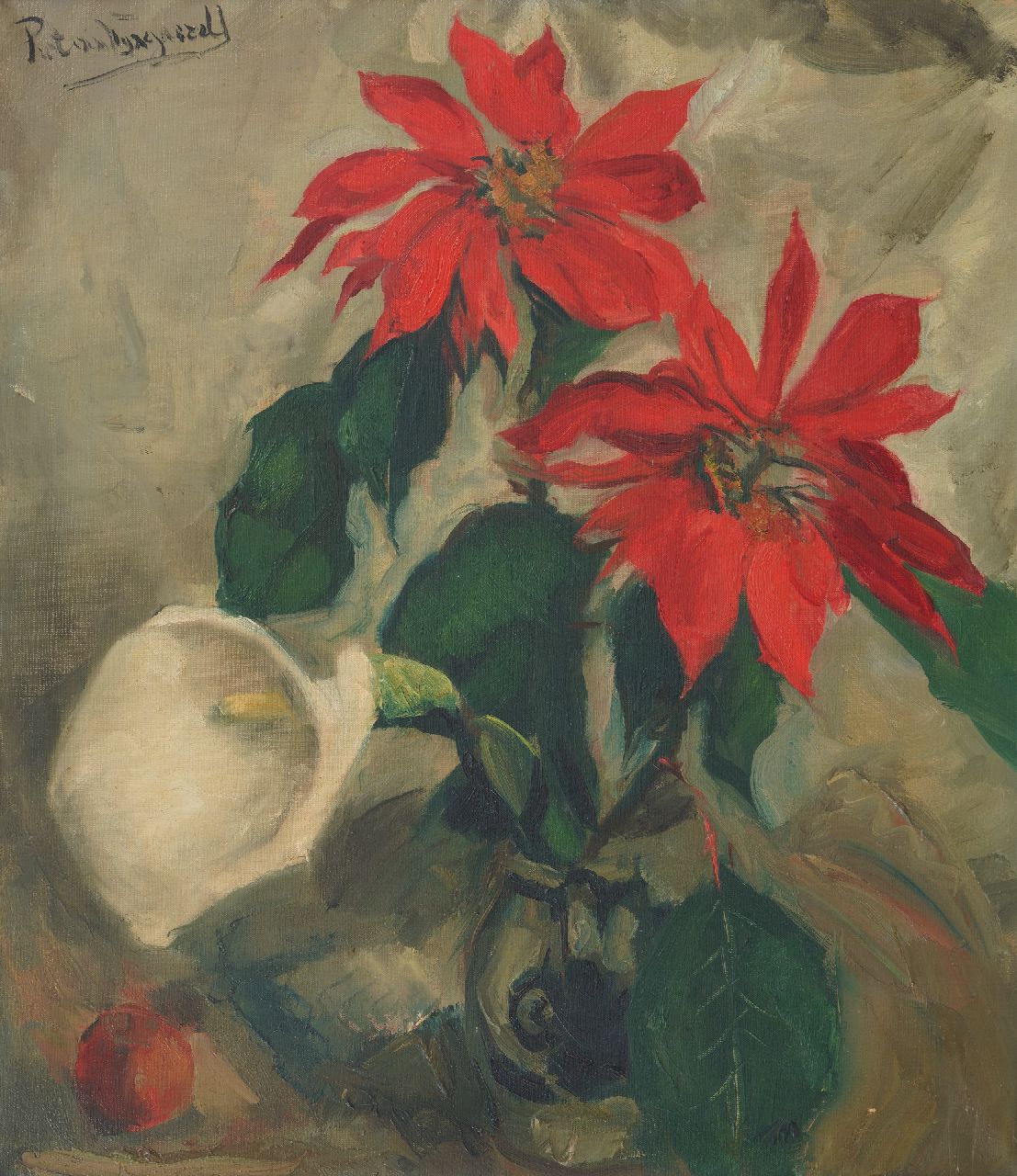 Wijngaerdt P.T. van | Petrus Theodorus 'Piet' van Wijngaerdt | Schilderijen te koop aangeboden | Kerststerren met Aronskelk, olieverf op doek 78,0 x 68,2 cm, gesigneerd linksboven Wijngaerdt P.T. van | Petrus Theodorus 'Piet' van Wijngaerdt | Schilderijen te koop aangeboden | Kerststerren met Aronskelk, olieverf op doek 78,0 x 68,2 cm, gesigneerd linksboven