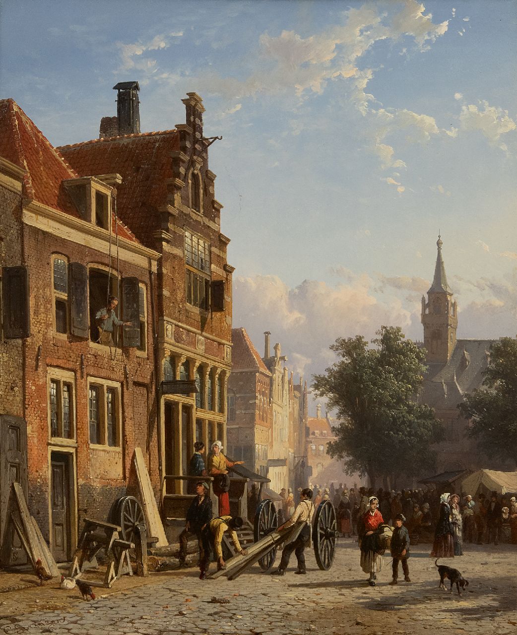 Springer C. | Cornelis Springer, Bouwwerkzaamheden aan een Oudhollands huis, olieverf op paneel 42,0 x 34,5 cm, gesigneerd linksonder voluit en met monogram en te dateren ca. 1852-1857 Springer C. | Cornelis Springer, Bouwwerkzaamheden aan een Oudhollands huis, olieverf op paneel 42,0 x 34,5 cm, gesigneerd linksonder voluit en met monogram en te dateren ca. 1852-1857