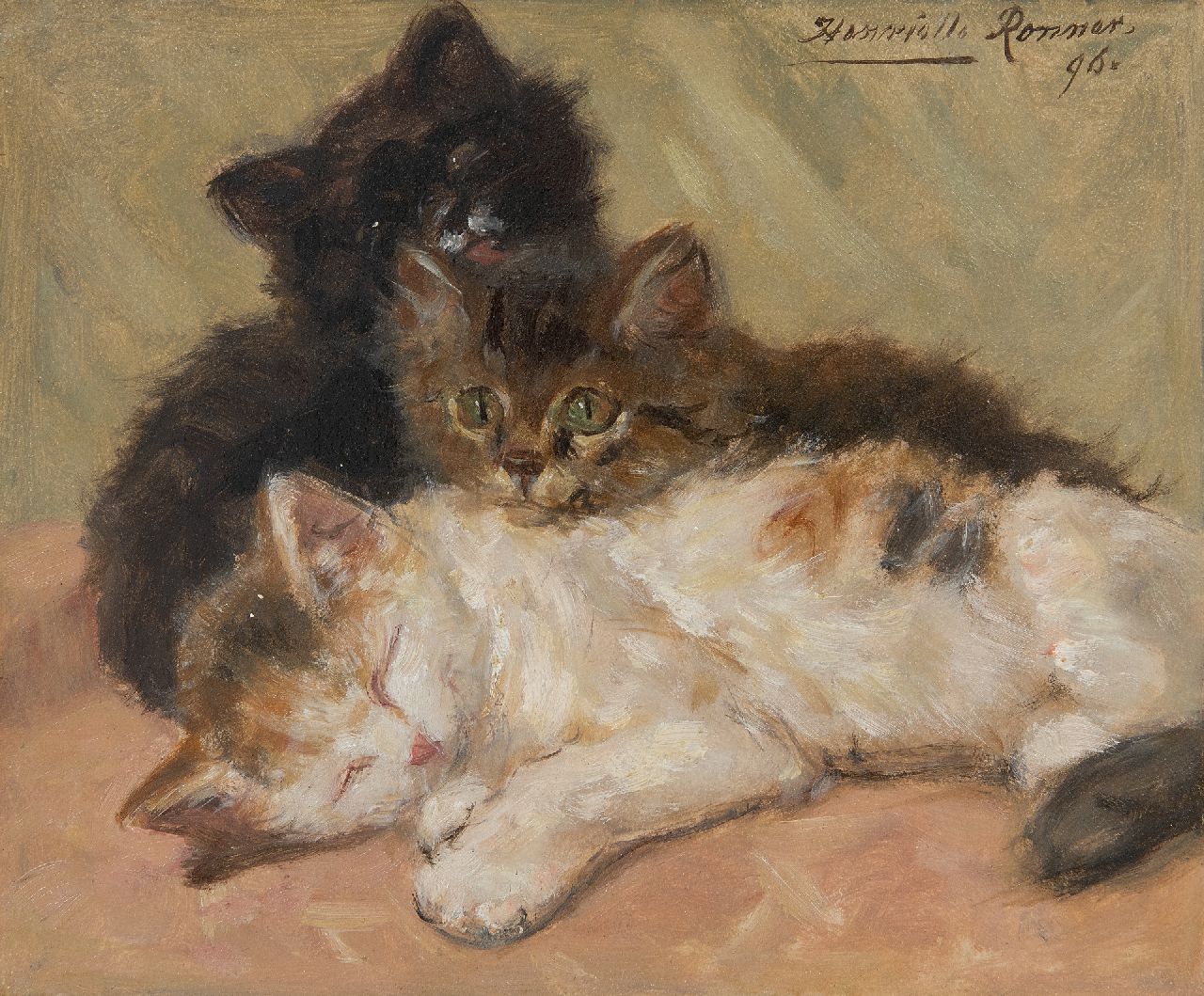 Ronner-Knip H. | Henriette Ronner-Knip | Schilderijen te koop aangeboden | Drie kittens, olieverf op papier op paneel 19,0 x 22,5 cm, gesigneerd rechtsboven en gedateerd '96 Ronner-Knip H. | Henriette Ronner-Knip | Schilderijen te koop aangeboden | Drie kittens, olieverf op papier op paneel 19,0 x 22,5 cm, gesigneerd rechtsboven en gedateerd '96
