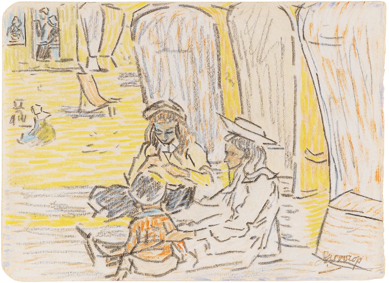Toorop J.Th. | Johannes Theodorus 'Jan' Toorop | Aquarellen en tekeningen te koop aangeboden | Kinderen op het strand van Domburg, potlood en gekleurd krijt op papier 11,5 x 15,6 cm, gesigneerd rechtsonder en te dateren ca. 1907 Toorop J.Th. | Johannes Theodorus 'Jan' Toorop | Aquarellen en tekeningen te koop aangeboden | Kinderen op het strand van Domburg, potlood en gekleurd krijt op papier 11,5 x 15,6 cm, gesigneerd rechtsonder en te dateren ca. 1907