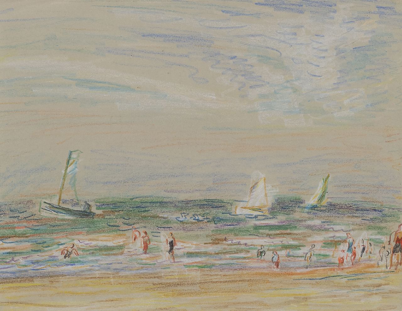 Gestel L. | Leendert 'Leo' Gestel | Aquarellen en tekeningen te koop aangeboden | Het strand bij Zandvoort, pastel op papier 23,7 x 30,0 cm Gestel L. | Leendert 'Leo' Gestel | Aquarellen en tekeningen te koop aangeboden | Het strand bij Zandvoort, pastel op papier 23,7 x 30,0 cm