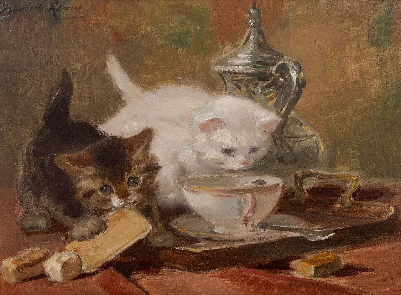 Ronner-Knip H. | Henriette Ronner-Knip | Schilderijen te koop aangeboden | Kittens spelend op een theetafel, olieverf op papier op paneel 23,8 x 32,1 cm, gesigneerd linksboven Ronner-Knip H. | Henriette Ronner-Knip | Schilderijen te koop aangeboden | Kittens spelend op een theetafel, olieverf op papier op paneel 23,8 x 32,1 cm, gesigneerd linksboven