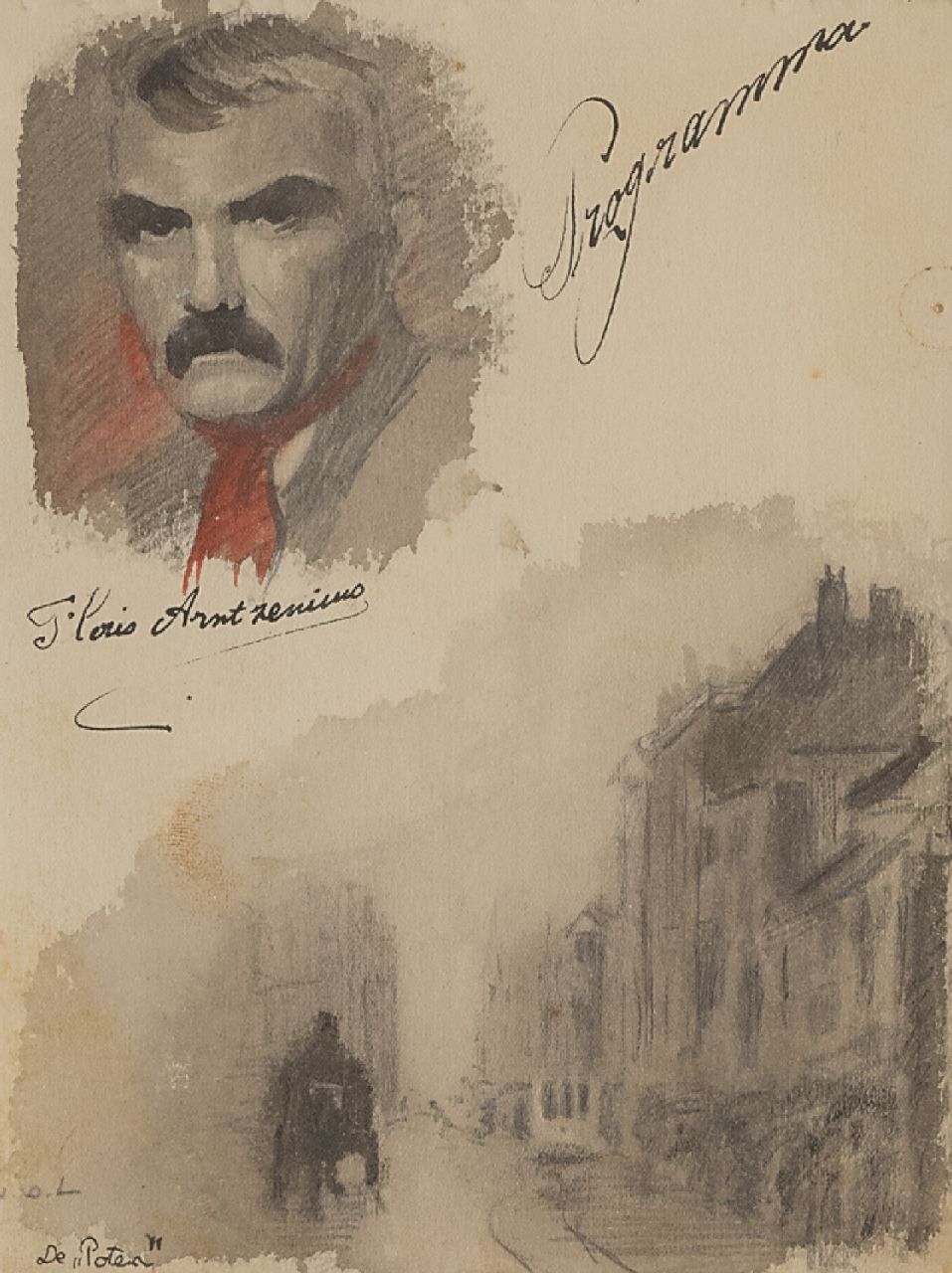 Arntzenius P.F.N.J. | Pieter Florentius Nicolaas Jacobus 'Floris' Arntzenius, Blad met zelfportret en schets van de Lange Poten, Den Haag, potlood, inkt en aquarel op papier 15,7 x 12,4 cm, gesigneerd links van het midden Arntzenius P.F.N.J. | Pieter Florentius Nicolaas Jacobus 'Floris' Arntzenius, Blad met zelfportret en schets van de Lange Poten, Den Haag, potlood, inkt en aquarel op papier 15,7 x 12,4 cm, gesigneerd links van het midden