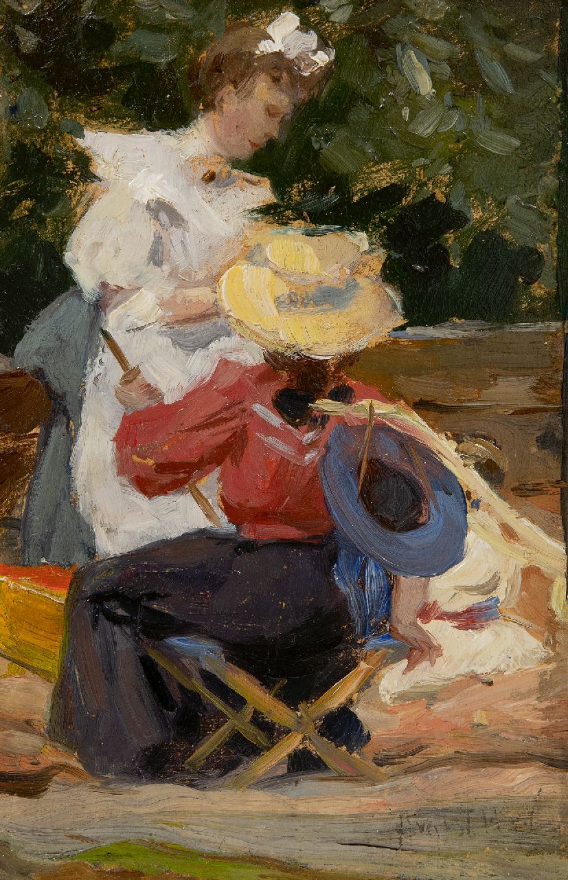 Voorden A.W. van | August Willem van Voorden | Schilderijen te koop aangeboden | Middag in de tuin, olieverf op papier op paneel 20,3 x 13,5 cm, gesigneerd rechtsonder Voorden A.W. van | August Willem van Voorden | Schilderijen te koop aangeboden | Middag in de tuin, olieverf op papier op paneel 20,3 x 13,5 cm, gesigneerd rechtsonder