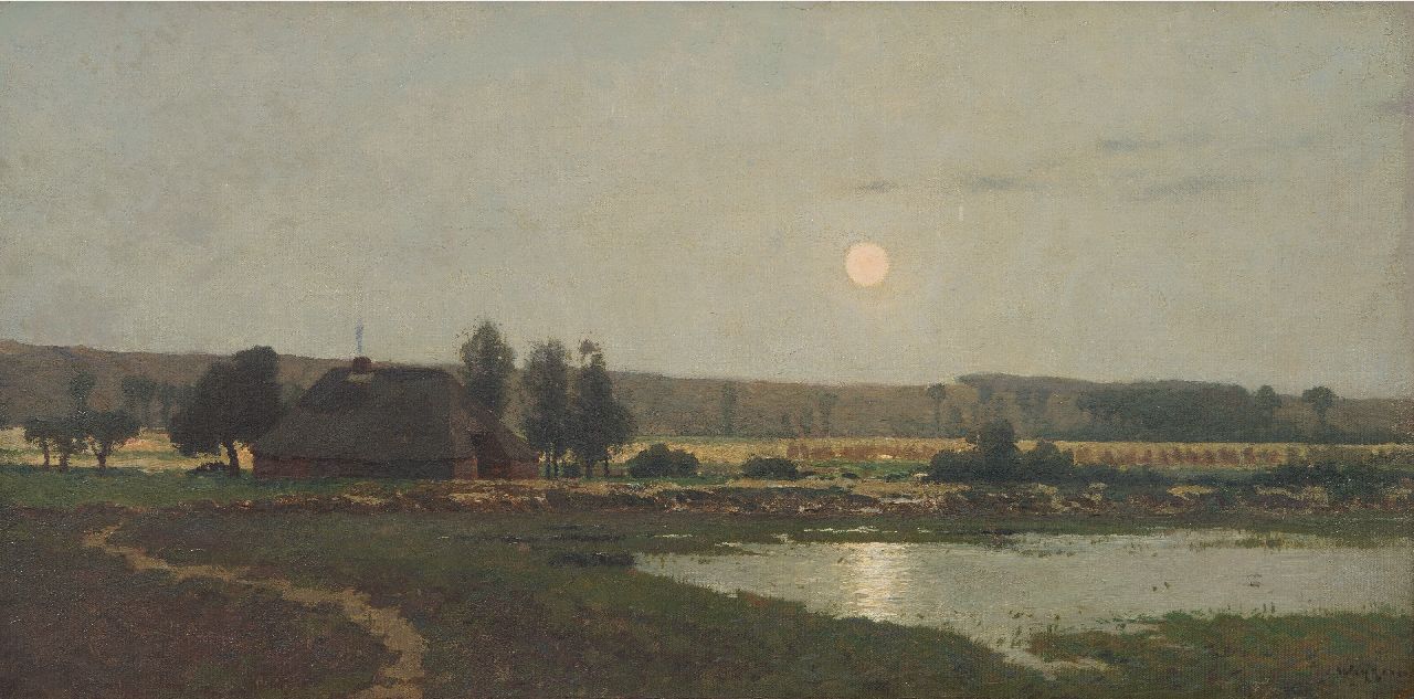 Wiggers D. | Dirk 'Derk' Wiggers | Schilderijen te koop aangeboden | Meertje bij Nijmegen bij opkomende maan, olieverf op doek 40,8 x 80,2 cm, gesigneerd rechtsonder en te dateren ca. 1895, zonder lijst Wiggers D. | Dirk 'Derk' Wiggers | Schilderijen te koop aangeboden | Meertje bij Nijmegen bij opkomende maan, olieverf op doek 40,8 x 80,2 cm, gesigneerd rechtsonder en te dateren ca. 1895, zonder lijst
