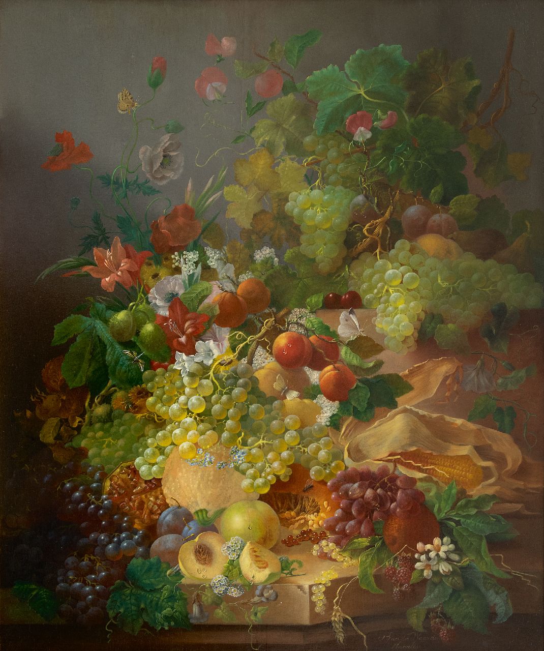 Waarden J. van der | Jan van der Waarden | Schilderijen te koop aangeboden | Stilleven met vruchten en bloemen, olieverf op paneel 91,8 x 76,7 cm, gesigneerd rechtsonder en te dateren na 1850