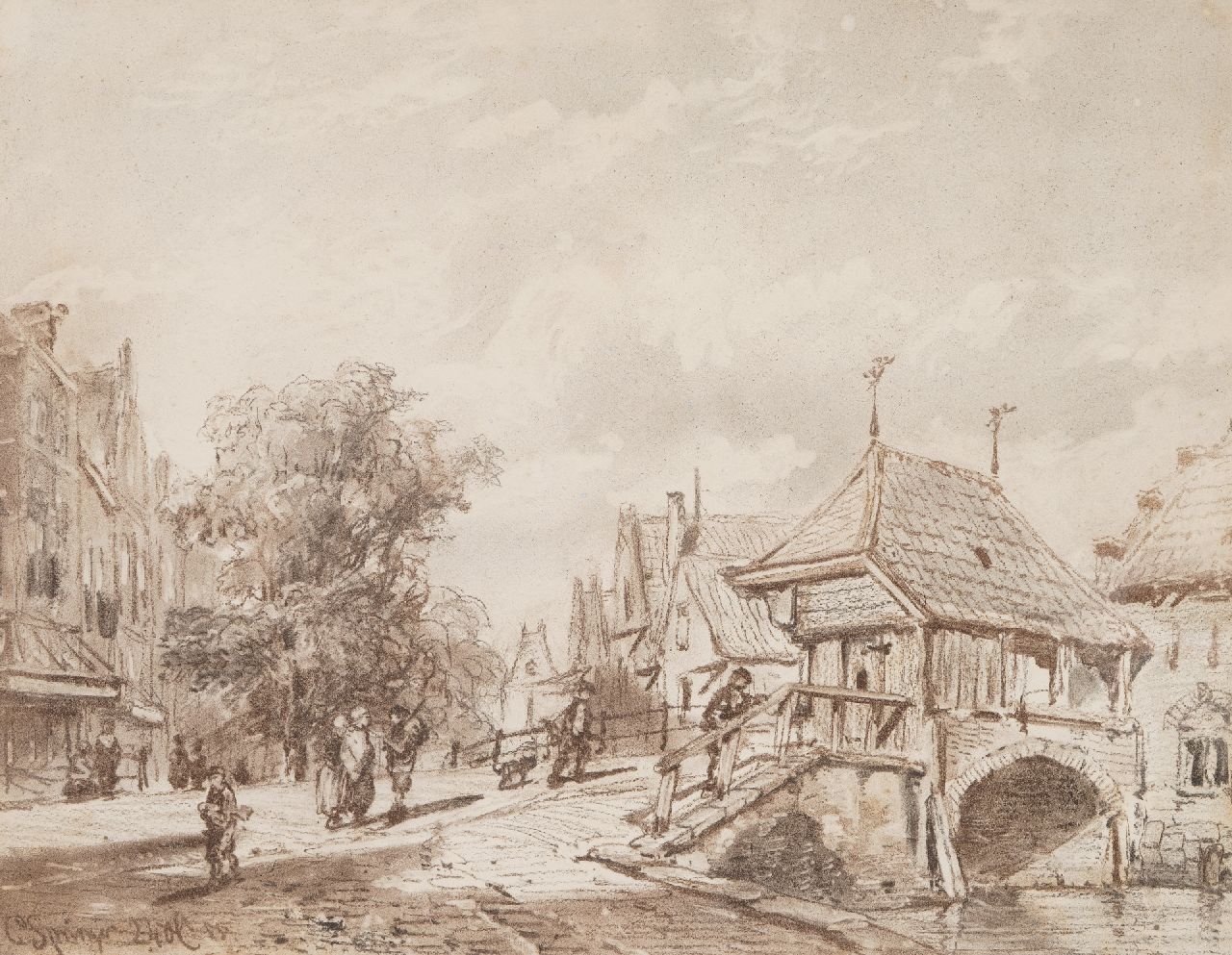 Springer C. | Cornelis Springer | Aquarellen en tekeningen te koop aangeboden | Gezicht op de visafslag en brug in Oudewater, houtskool op papier 40,0 x 50,0 cm, gesigneerd linksonder en gedateerd 24 oct '55 Springer C. | Cornelis Springer | Aquarellen en tekeningen te koop aangeboden | Gezicht op de visafslag en brug in Oudewater, houtskool op papier 40,0 x 50,0 cm, gesigneerd linksonder en gedateerd 24 oct '55