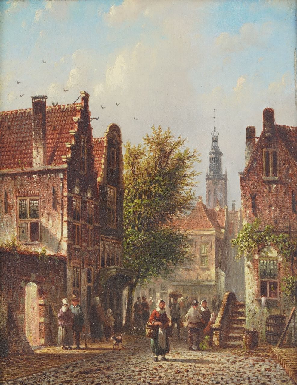 Spohler J.F. | Johannes Franciscus Spohler | Schilderijen te koop aangeboden | Zomers stadsgezicht met de toren van de Haarlemse Bakenesserkerk (pendant van winter), olieverf op paneel 20,9 x 15,8 cm, gesigneerd linksonder Spohler J.F. | Johannes Franciscus Spohler | Schilderijen te koop aangeboden | Zomers stadsgezicht met de toren van de Haarlemse Bakenesserkerk (pendant van winter), olieverf op paneel 20,9 x 15,8 cm, gesigneerd linksonder