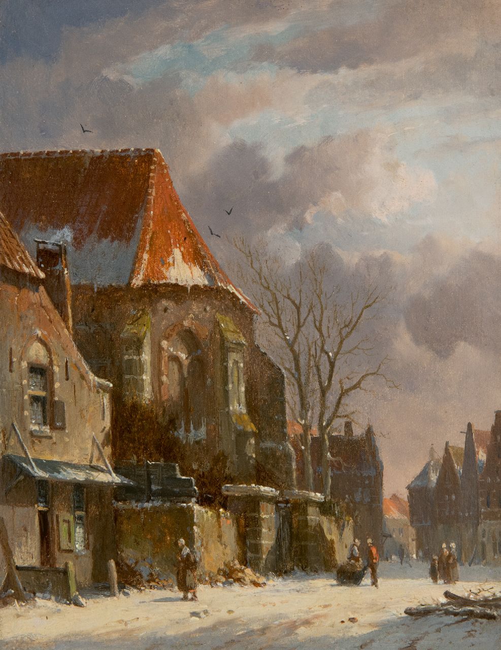 Eversen A. | Adrianus Eversen | Schilderijen te koop aangeboden | Figuren bij een kerkpoort in de winter (pendant van 25438), olieverf op paneel 19,3 x 14,9 cm, gesigneerd rechtsonder met monogram Eversen A. | Adrianus Eversen | Schilderijen te koop aangeboden | Figuren bij een kerkpoort in de winter (pendant van 25438), olieverf op paneel 19,3 x 14,9 cm, gesigneerd rechtsonder met monogram