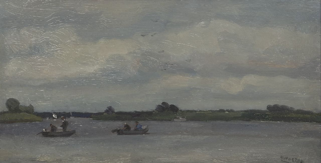 Noltee B.C. | Bernardus Cornelis 'Cor' Noltee, Vissers in bootjes met buitenboordmotor op het Wantij, Dordrecht, olieverf op schildersboard 29,0 x 55,2 cm, gesigneerd rechtsonder Noltee B.C. | Bernardus Cornelis 'Cor' Noltee, Vissers in bootjes met buitenboordmotor op het Wantij, Dordrecht, olieverf op schildersboard 29,0 x 55,2 cm, gesigneerd rechtsonder