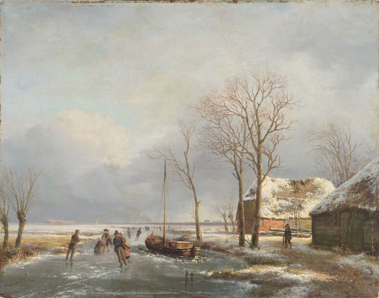 Schelfhout A. | Andreas Schelfhout | Schilderijen te koop aangeboden | Panoramisch winterlandschap met schaatsers, de St. Bavokerk van Haarlem in de verte, olieverf op paneel 39,1 x 49,8 cm, te dateren ca. 1825 Schelfhout A. | Andreas Schelfhout | Schilderijen te koop aangeboden | Panoramisch winterlandschap met schaatsers, de St. Bavokerk van Haarlem in de verte, olieverf op paneel 39,1 x 49,8 cm, te dateren ca. 1825