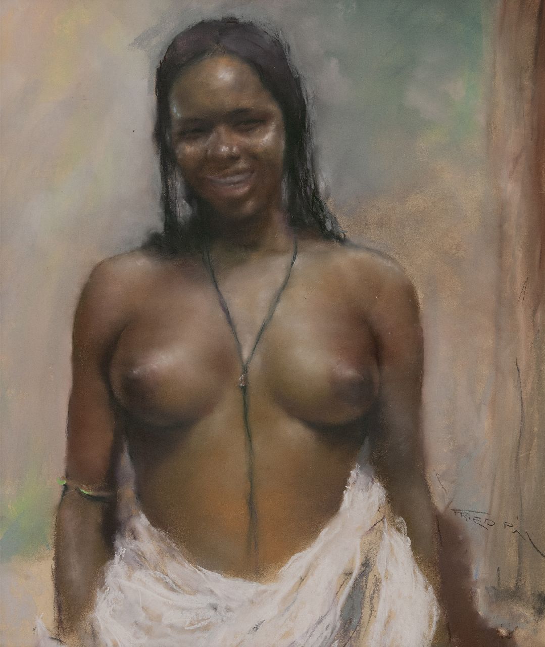 Fried P. | Pal Fried | Aquarellen en tekeningen te koop aangeboden | Glimlachend half-naakt, pastel op papier 79,9 x 68,4 cm, gesigneerd rechtsonder Fried P. | Pal Fried | Aquarellen en tekeningen te koop aangeboden | Glimlachend half-naakt, pastel op papier 79,9 x 68,4 cm, gesigneerd rechtsonder