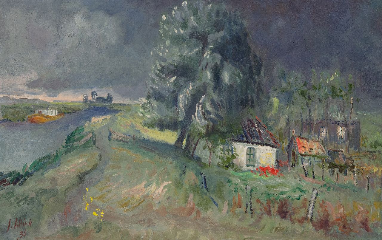 Altink J. | Jan Altink | Schilderijen te koop aangeboden | Boerderij Blauwborgje aan het Reitdiep; verso: landschap met loods en schaftkeet, olieverf op doek 40,2 x 63,0 cm, gesigneerd linksonder en gedateerd '36 Altink J. | Jan Altink | Schilderijen te koop aangeboden | Boerderij Blauwborgje aan het Reitdiep; verso: landschap met loods en schaftkeet, olieverf op doek 40,2 x 63,0 cm, gesigneerd linksonder en gedateerd '36