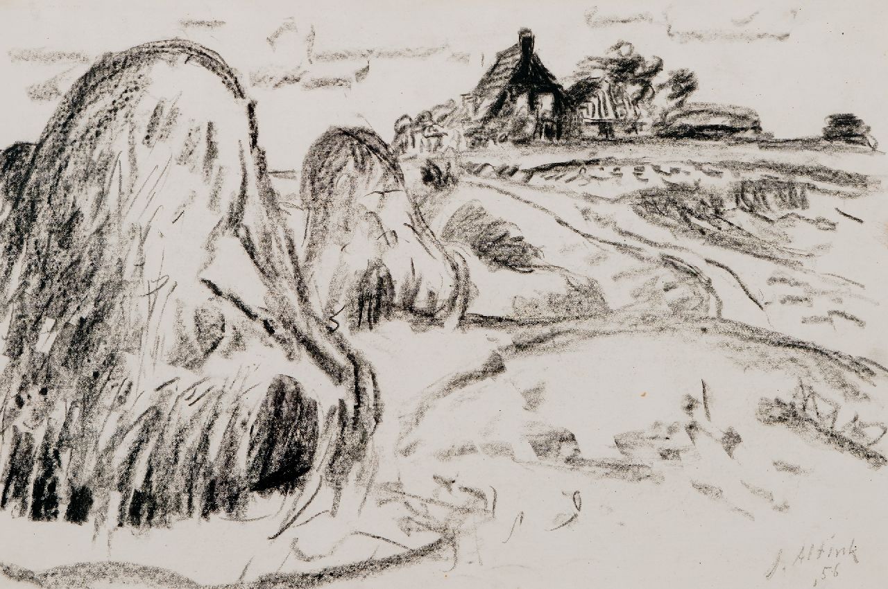 Altink J. | Jan Altink, Boerenerf met hooischelven, zwart krijt op papier 31,9 x 48,4 cm, gesigneerd rechtsonder en gedateerd '56 Altink J. | Jan Altink, Boerenerf met hooischelven, zwart krijt op papier 31,9 x 48,4 cm, gesigneerd rechtsonder en gedateerd '56