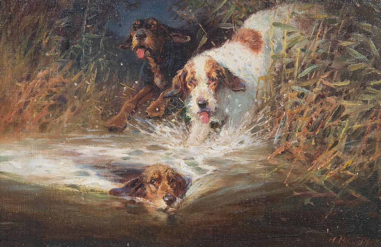 Woodhouse W. | William Woodhouse, Drie jachthonden in actie, olieverf op doek op paneel 20,0 x 30,2 cm, gesigneerd rechtsonder Woodhouse W. | William Woodhouse, Drie jachthonden in actie, olieverf op doek op paneel 20,0 x 30,2 cm, gesigneerd rechtsonder