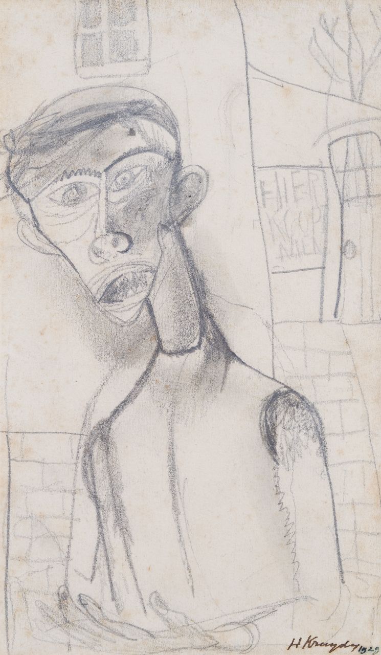 Kruyder H.J. | 'Herman' Justus Kruyder | Aquarellen en tekeningen te koop aangeboden | Een man: 'hier koopt men', tekening op papier 18,0 x 11,0 cm, gesigneerd rechtsonder en gedateerd 1929 (niet te koop) Kruyder H.J. | 'Herman' Justus Kruyder | Aquarellen en tekeningen te koop aangeboden | Een man: 'hier koopt men', tekening op papier 18,0 x 11,0 cm, gesigneerd rechtsonder en gedateerd 1929 (niet te koop)