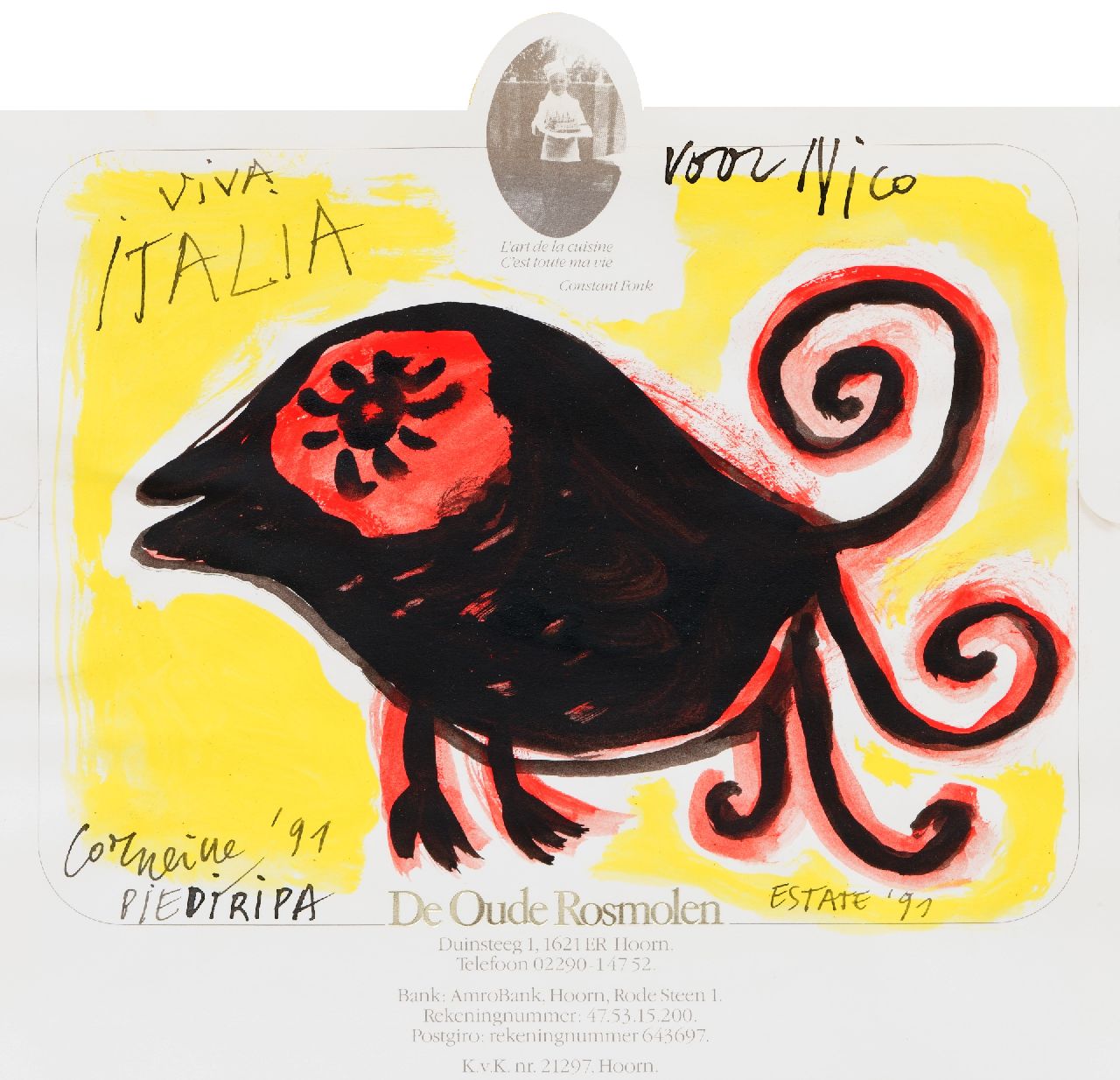 Corneille ('Corneille' Guillaume Beverloo) | Corneille ('Corneille' Guillaume Beverloo) | te koop aangeboden | Viva Italia (voor Nico Koster), aquarel en inkt op papier 19,9 x 21,1 cm, gesigneerd linksonder en gedateerd '91 Corneille ('Corneille' Guillaume Beverloo) | Corneille ('Corneille' Guillaume Beverloo) | te koop aangeboden | Viva Italia (voor Nico Koster), aquarel en inkt op papier 19,9 x 21,1 cm, gesigneerd linksonder en gedateerd '91