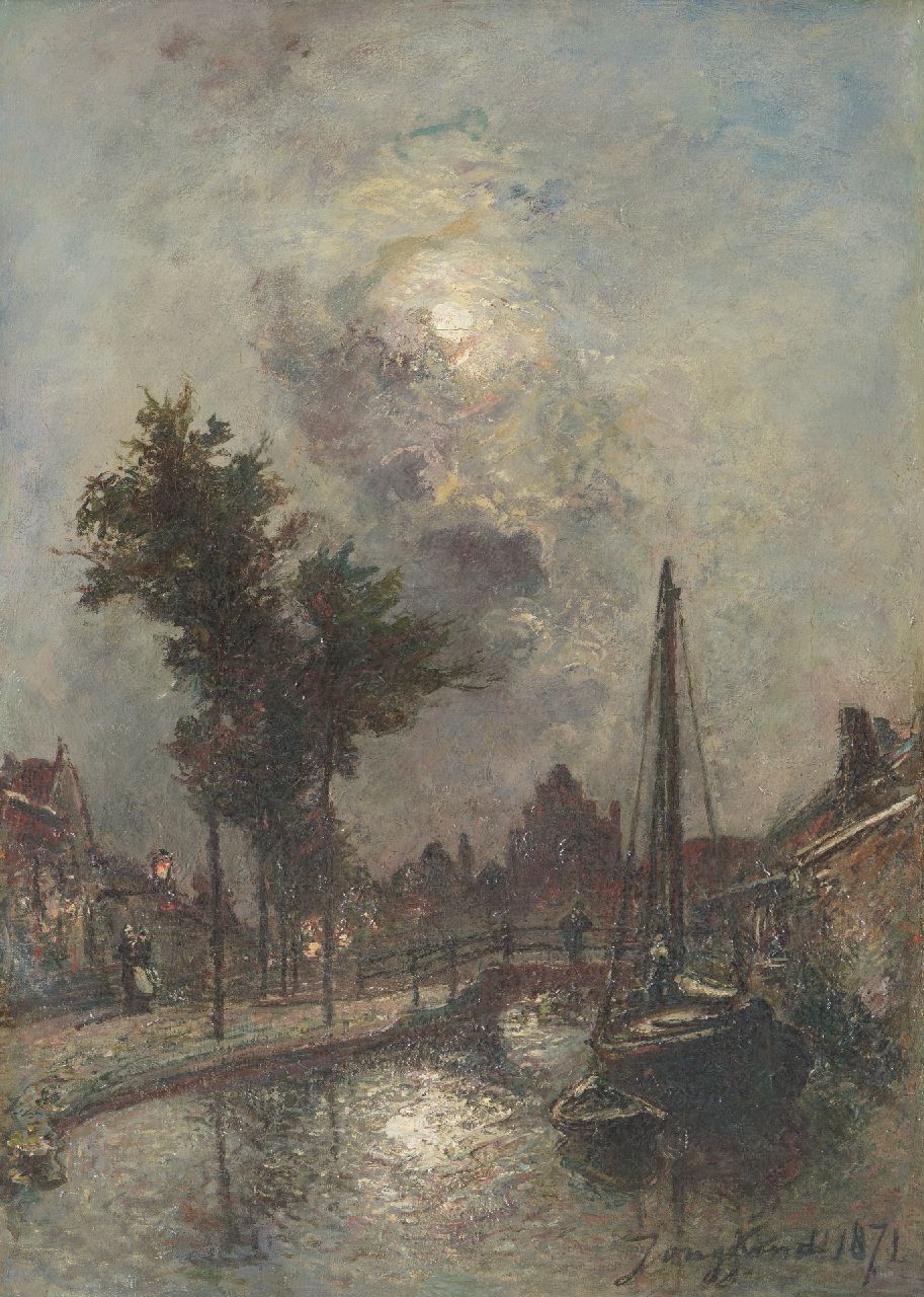 Jongkind J.B.  | Johan Barthold Jongkind | Schilderijen te koop aangeboden | Bruggetje bij maanlicht, Dordrecht, olieverf op doek 46,2 x 33,6 cm, gesigneerd rechtsonder en gedateerd 1871