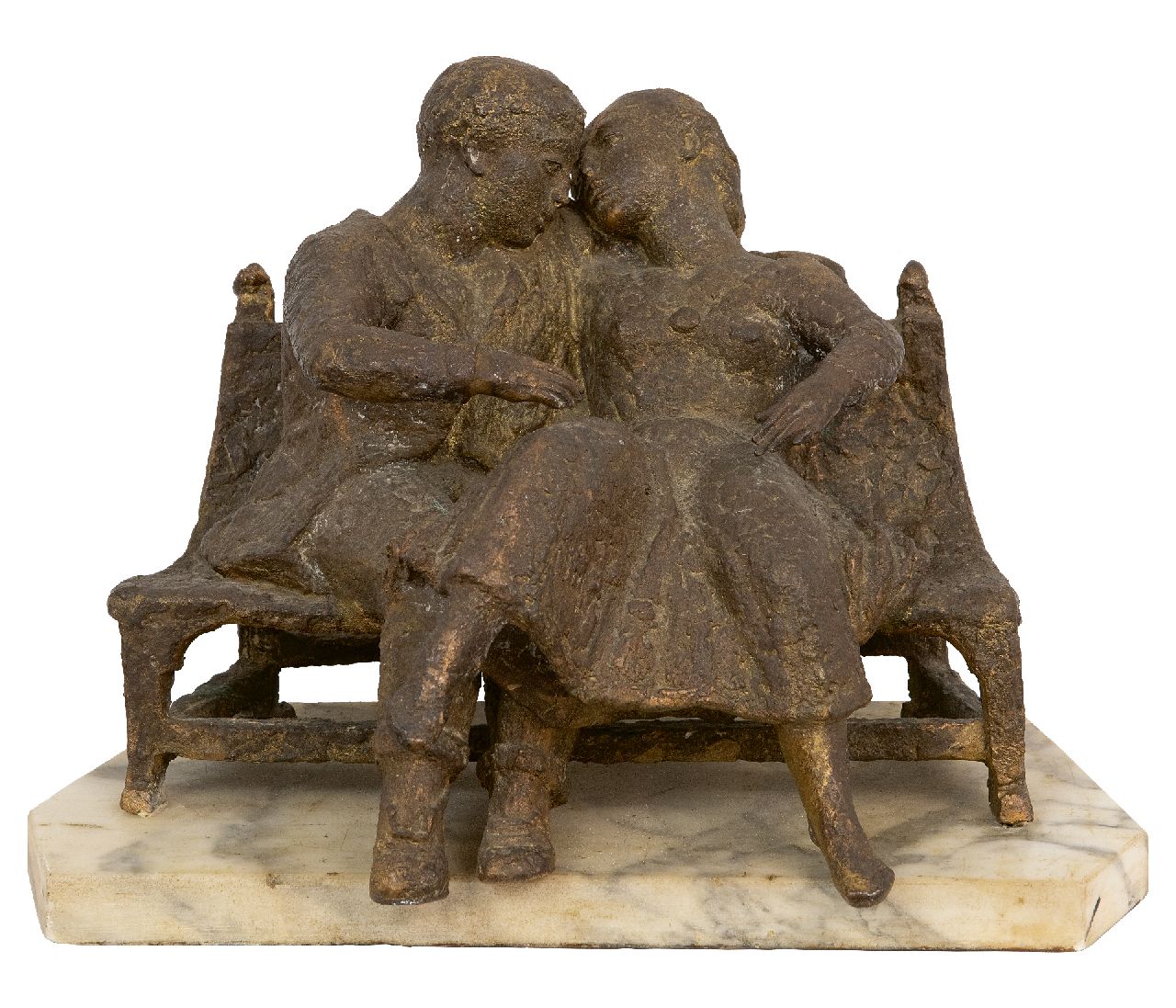 Pieter Starreveld | Verliefd paartje op een bank, brons, 25,5 x 27,5 cm, gesigneerd op achterkant bank met monogram