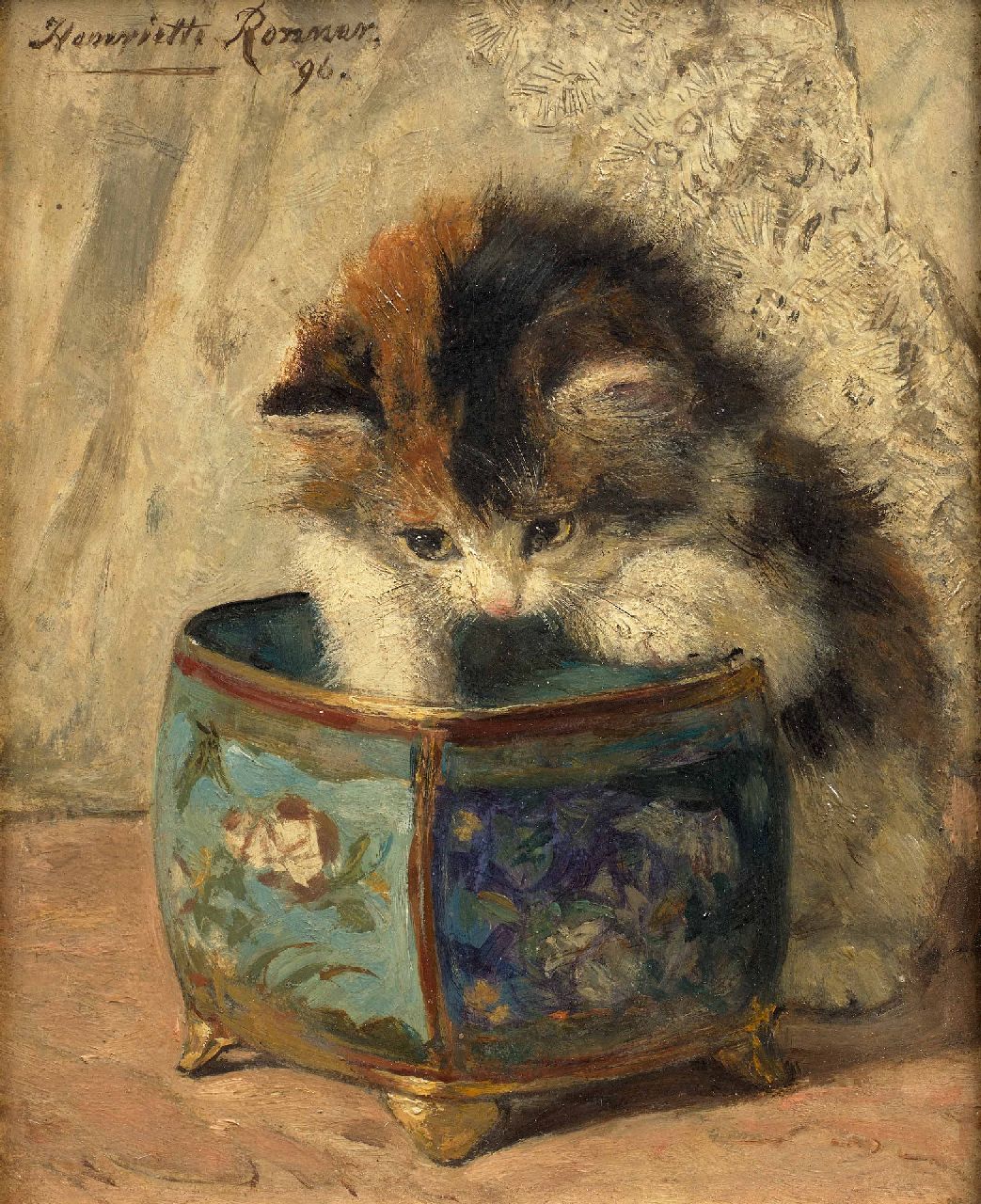 Ronner-Knip H. | Henriette Ronner-Knip | Schilderijen te koop aangeboden | Kitten spelend met een sierpot, olieverf op paneel 20,0 x 16,0 cm, gesigneerd linksboven en gedateerd '96 Ronner-Knip H. | Henriette Ronner-Knip | Schilderijen te koop aangeboden | Kitten spelend met een sierpot, olieverf op paneel 20,0 x 16,0 cm, gesigneerd linksboven en gedateerd '96