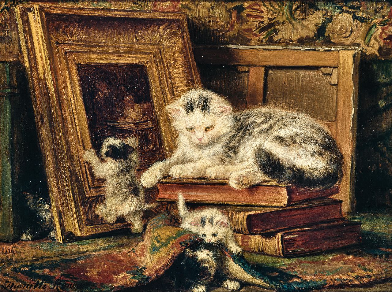 Ronner-Knip H. | Henriette Ronner-Knip | Schilderijen te koop aangeboden | Moederpoes met spelende kittens, olieverf op paneel 24,5 x 32,5 cm, gesigneerd linksonder Ronner-Knip H. | Henriette Ronner-Knip | Schilderijen te koop aangeboden | Moederpoes met spelende kittens, olieverf op paneel 24,5 x 32,5 cm, gesigneerd linksonder