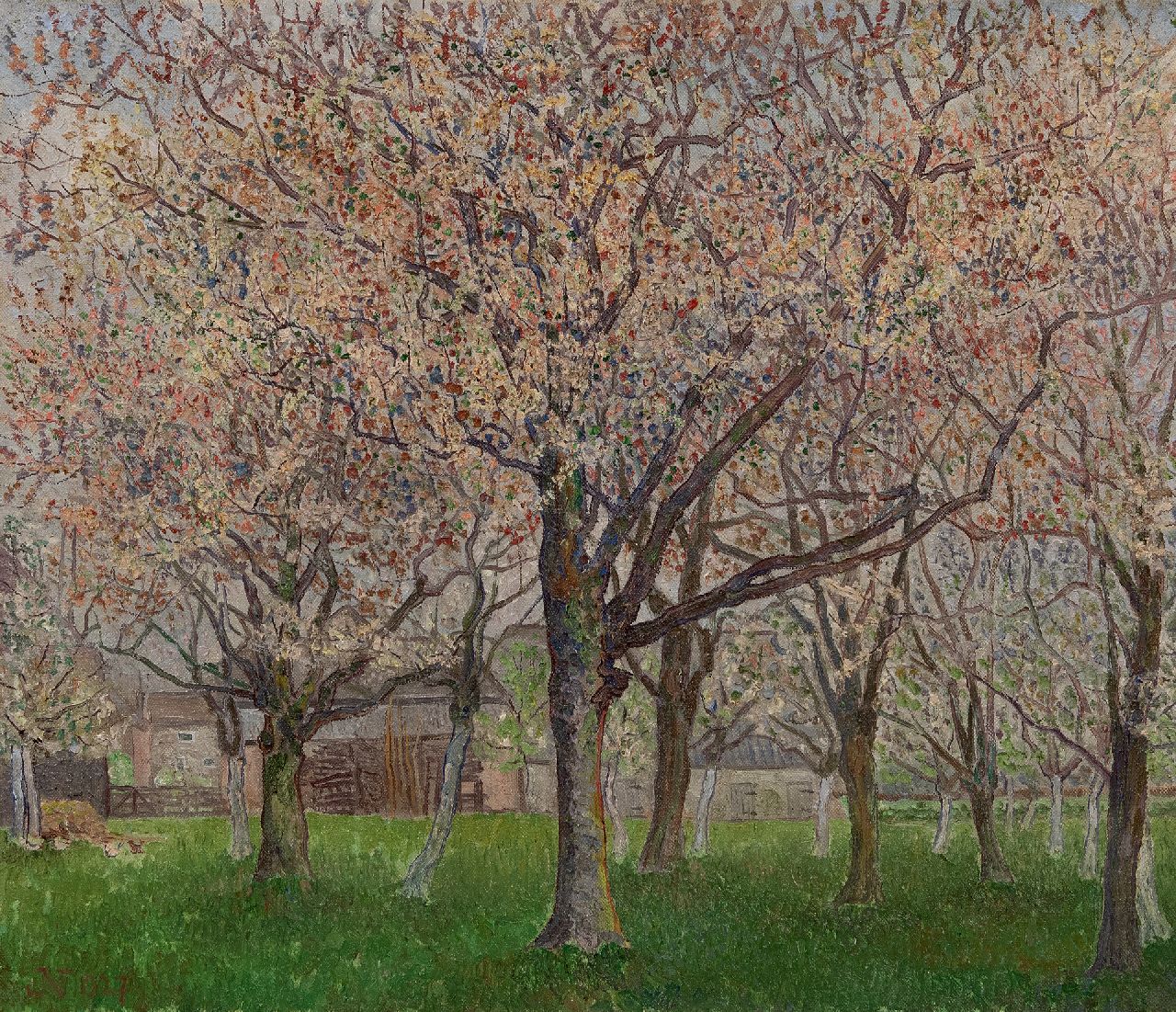 Nieweg J. | Jakob Nieweg | Schilderijen te koop aangeboden | Bloeiende fruitboomgaard, olieverf op doek 55,8 x 65,1 cm, gesigneerd linksonder met monogram en gedateerd 1927 Nieweg J. | Jakob Nieweg | Schilderijen te koop aangeboden | Bloeiende fruitboomgaard, olieverf op doek 55,8 x 65,1 cm, gesigneerd linksonder met monogram en gedateerd 1927