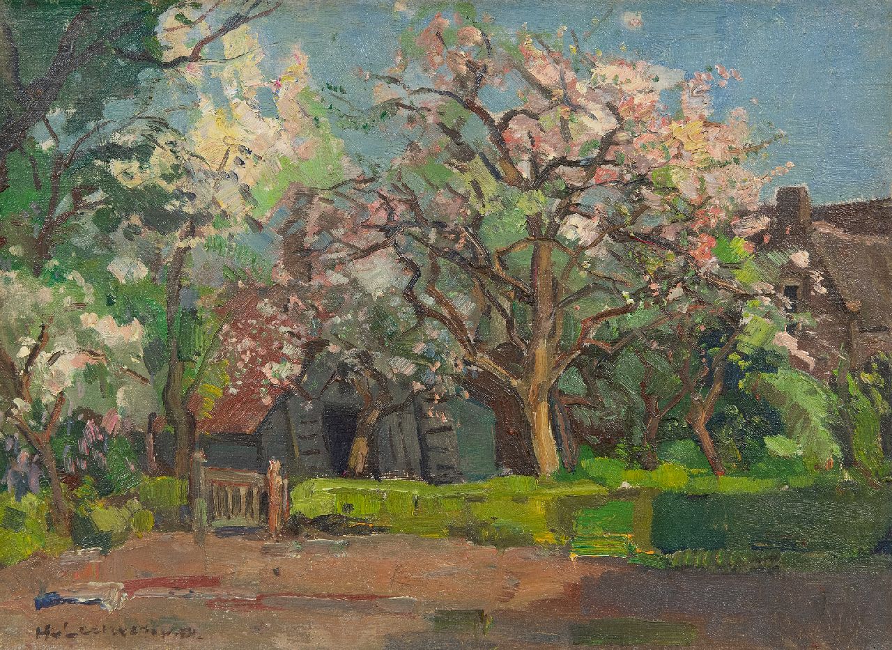 Leeuwen H. van | Hendrik 'Henk' van Leeuwen | Schilderijen te koop aangeboden | Bloesembomen bij een boerderij, olieverf op doek 30,2 x 40,4 cm, gesigneerd linksonder Leeuwen H. van | Hendrik 'Henk' van Leeuwen | Schilderijen te koop aangeboden | Bloesembomen bij een boerderij, olieverf op doek 30,2 x 40,4 cm, gesigneerd linksonder