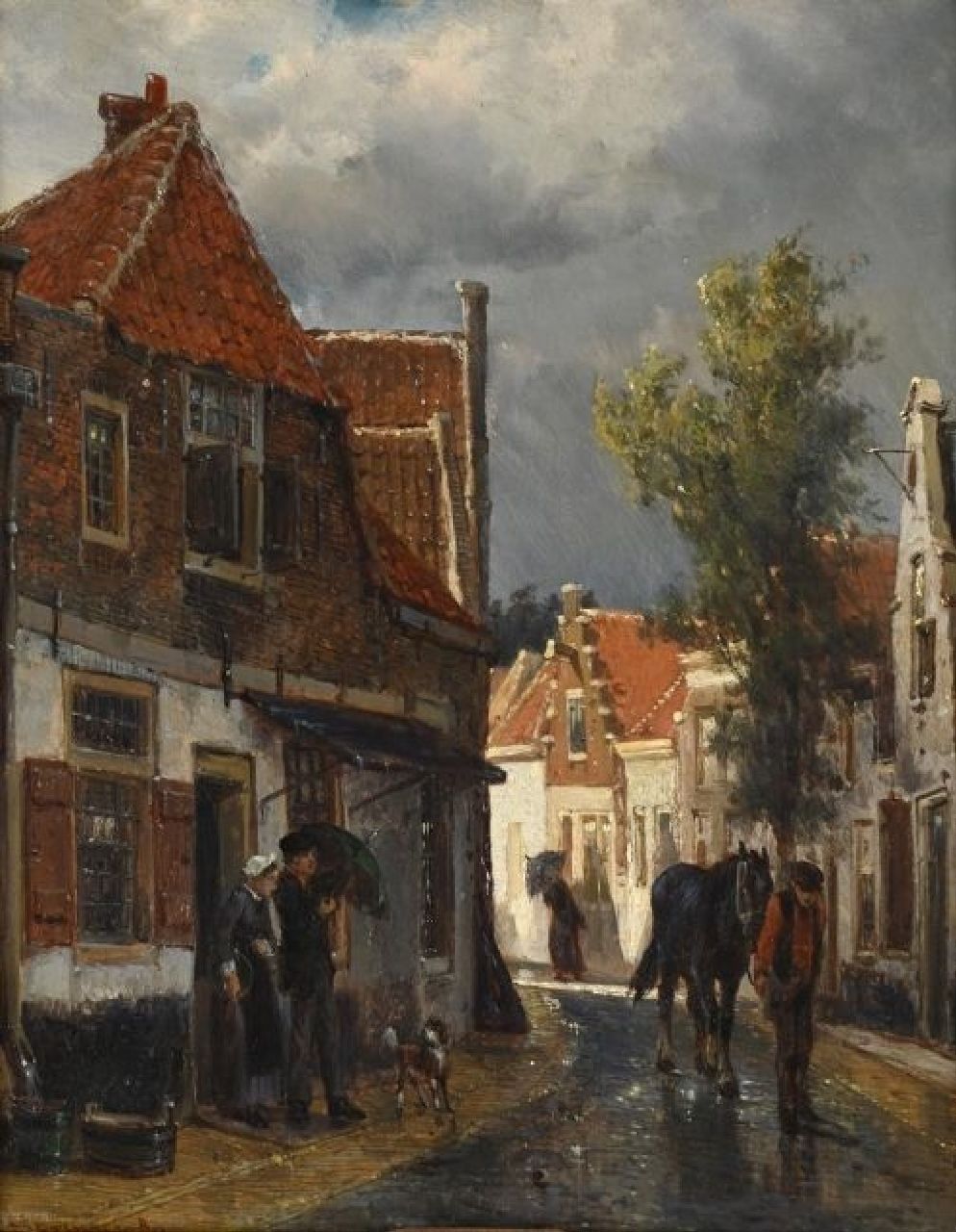Springer C. | Cornelis Springer | Schilderijen te koop aangeboden | Straatje in Oudewater bij regenachtig weer, olieverf op paneel 25,0 x 19,8 cm, gesigneerd linksonder en gedateerd '80 Springer C. | Cornelis Springer | Schilderijen te koop aangeboden | Straatje in Oudewater bij regenachtig weer, olieverf op paneel 25,0 x 19,8 cm, gesigneerd linksonder en gedateerd '80