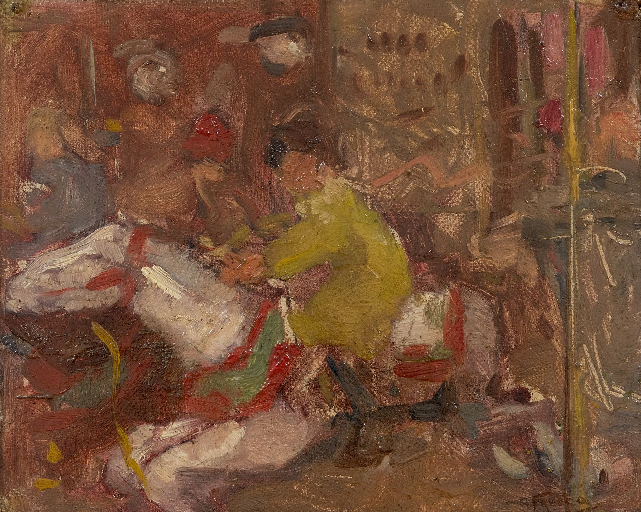 Fresco A.  | Abraham Fresco, Marga Fresco in de draaimolen, olieverf op doek op board 19,0 x 23,6 cm, gesigneerd rechtsonder