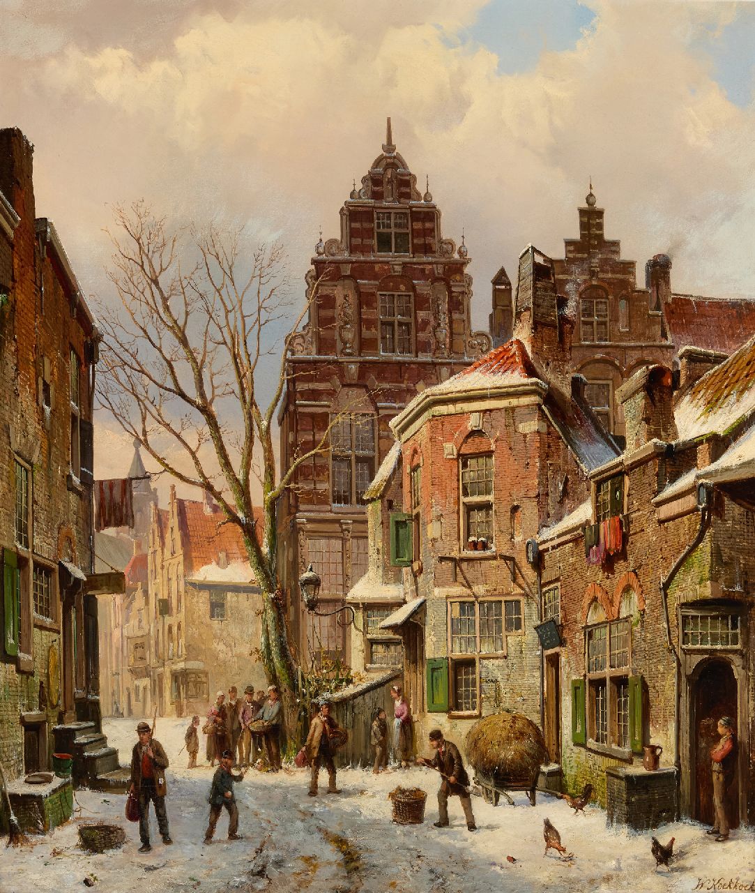 Koekkoek W. | Willem Koekkoek | Schilderijen te koop aangeboden | Drukbevolkt stadsgezicht in de sneeuw, olieverf op doek 70,0 x 59,8 cm, gesigneerd rechtsonder Koekkoek W. | Willem Koekkoek | Schilderijen te koop aangeboden | Drukbevolkt stadsgezicht in de sneeuw, olieverf op doek 70,0 x 59,8 cm, gesigneerd rechtsonder