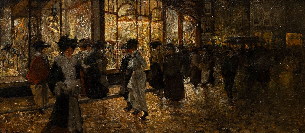 Helfferich F.W. | Franciscus Willem 'Frans' Helfferich | Schilderijen te koop aangeboden | Elegante winkelende dames tijdens de koopavond van de Bonneterie in Den Haag, olieverf op doek 70,0 x 157,0 cm, gesigneerd linksonder Helfferich F.W. | Franciscus Willem 'Frans' Helfferich | Schilderijen te koop aangeboden | Elegante winkelende dames tijdens de koopavond van de Bonneterie in Den Haag, olieverf op doek 70,0 x 157,0 cm, gesigneerd linksonder