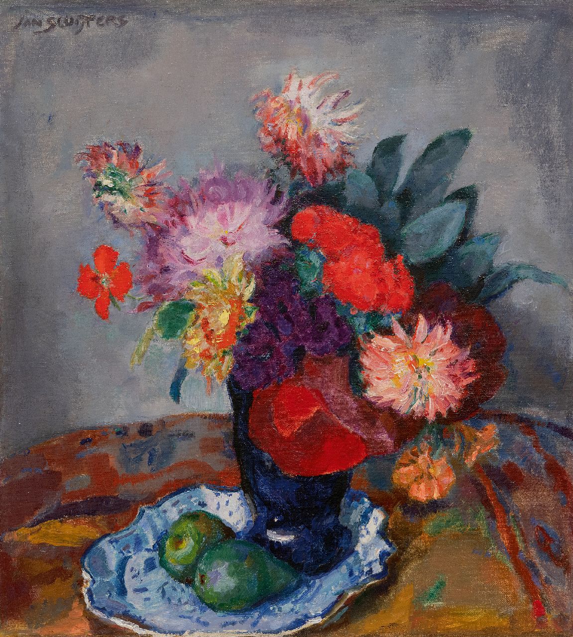 Sluijters J.C.B. | Johannes Carolus Bernardus 'Jan' Sluijters | Schilderijen te koop aangeboden | Zomerbloemen in een blauwe vaas op een schaal, olieverf op doek 53,9 x 49,0 cm, gesigneerd linksboven Sluijters J.C.B. | Johannes Carolus Bernardus 'Jan' Sluijters | Schilderijen te koop aangeboden | Zomerbloemen in een blauwe vaas op een schaal, olieverf op doek 53,9 x 49,0 cm, gesigneerd linksboven